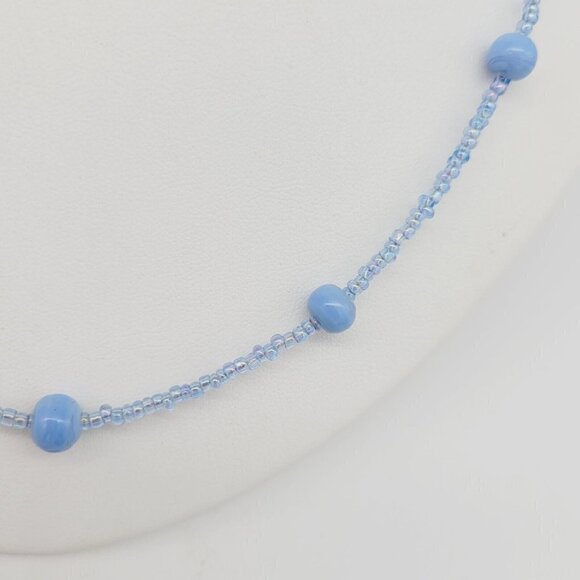 Blue Swirl Glass Beaded Necklace AB Seed Beads 20" Minimalist Simple Timeless - Picture 3 of 8